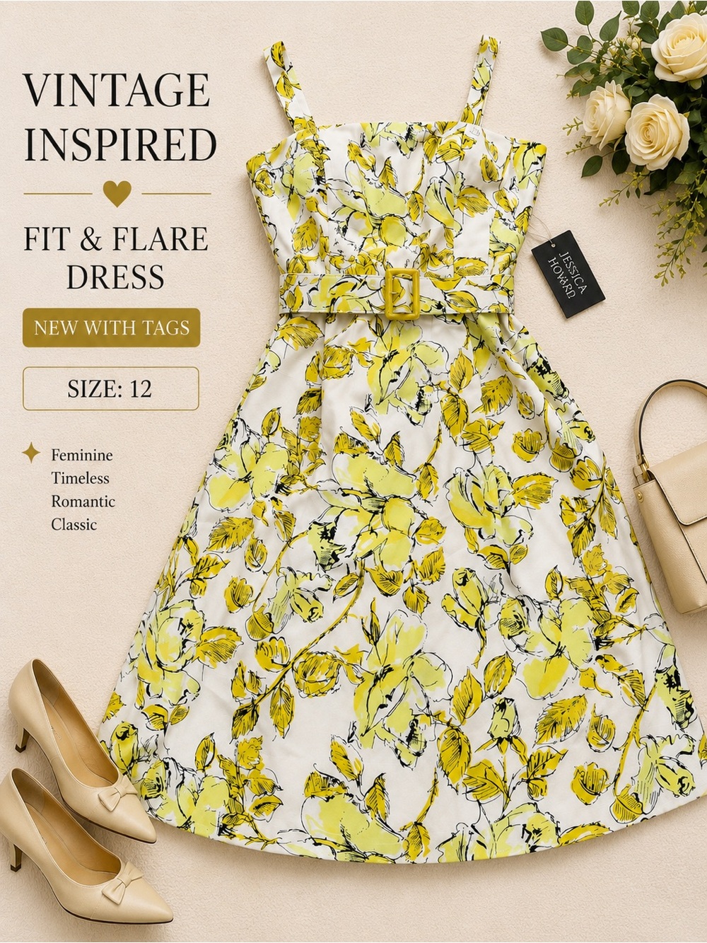 Vintage Inspired Yellow Floral Fit & Flare Dress NWT Size 12